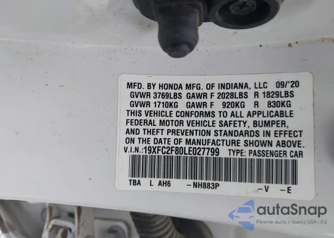 2020 Honda Civic Sport из США, поврежденный, VIN 19XFC2F80LE027799